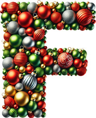 Festive Christmas Ball Alphabet Letter F crafted from Christmas ornaments.