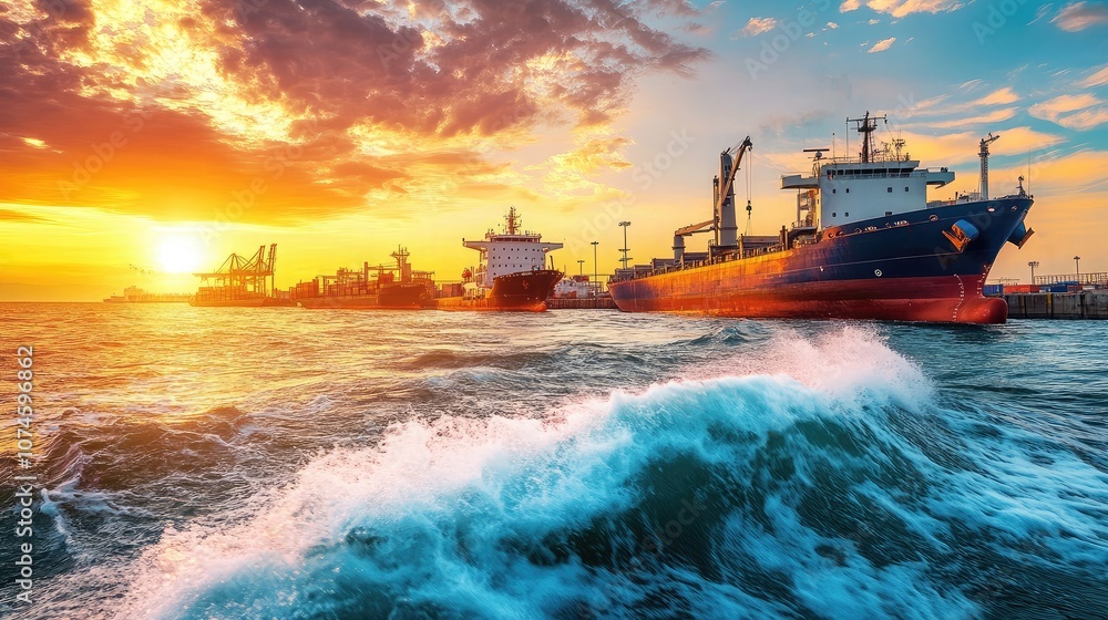 Poster sunset over industrial port with container ships and waves creating dramatic scenery in tropical wat