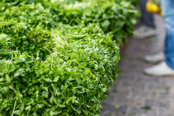 Fresh parsley on the counter of the farmers market. Selective focus.