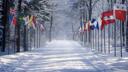 A Snowy Path Lined With International Flags in a Winter Forest