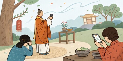 People using smartphones taking pictures and videos of a religious ceremony performed by a priest, showcasing the integration of technology in modern spiritual practices
