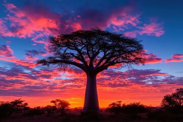 Fototapeta premium Majestic tall baobab tree silhouetted against a vibrant African sunset landscape.
