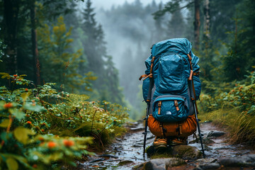 backpack and trekking poles in forest
