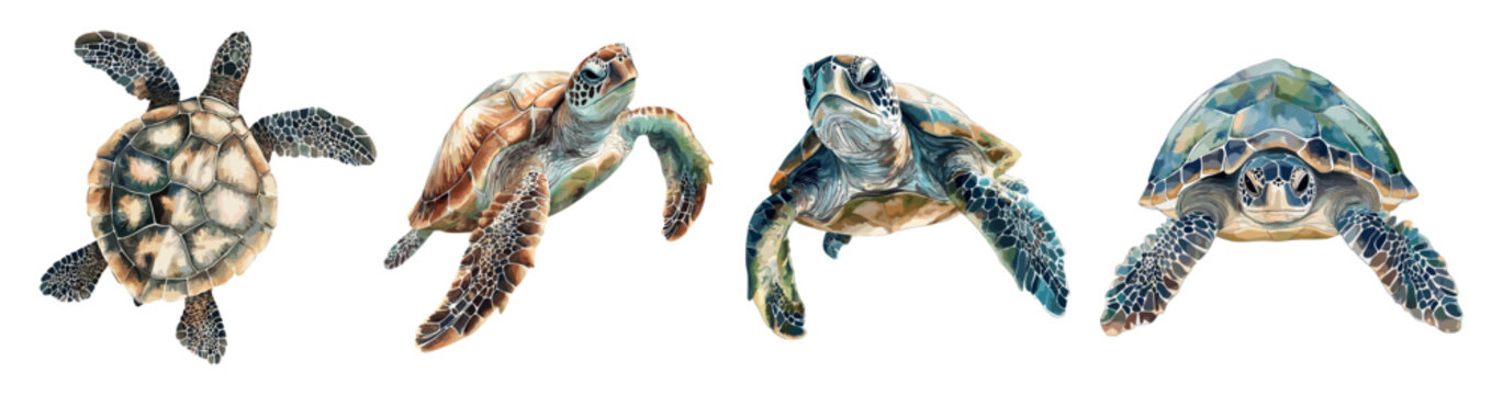 Sea turtle aquarelle set. Side front top view. Pacific green turtle marine reptile animal with shell. Ocean tortoise swimming in water. Wildlife beauty. Watercolor style isolated vector clipart