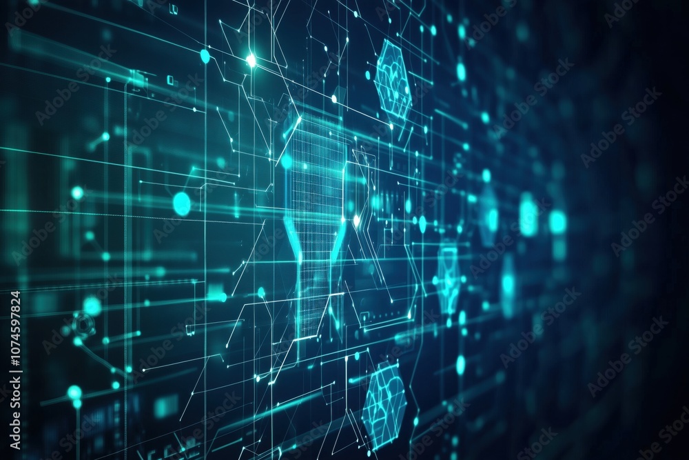 Poster digital technology abstract background with glowing lines and nodes
