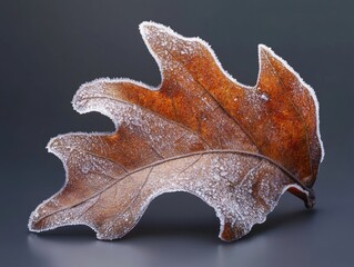 Fototapeta premium Frosty leaf on gray surface