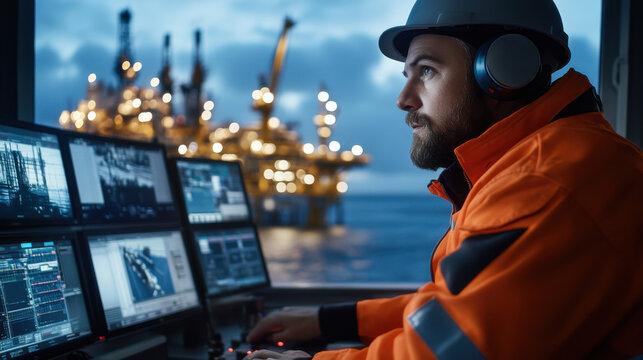 image features focused worker in orange safety jacket and helmet, operating control room with multiple screens, overlooking offshore oil rig at dusk
