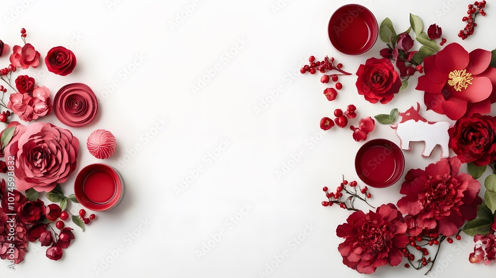 Poster elegant composition of red flowers and decorative elements for creative projects, featuring various 