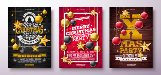 Obraz premium Merry Christmas Party Flyer Design with Ornamental Glass Ball and Typography Letter on Vintage Wood Background. Vector Holiday Season Celebration Poster Illustration Set for Greeting Card, Banner