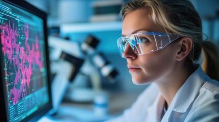 Focused female scientist analyzing data on computer in laboratory
