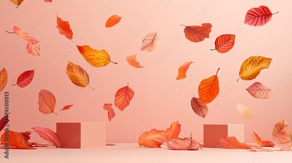 Fototapete autumn leaves falling on a solid beige and brown background, creating a minimalist design perfect fo
