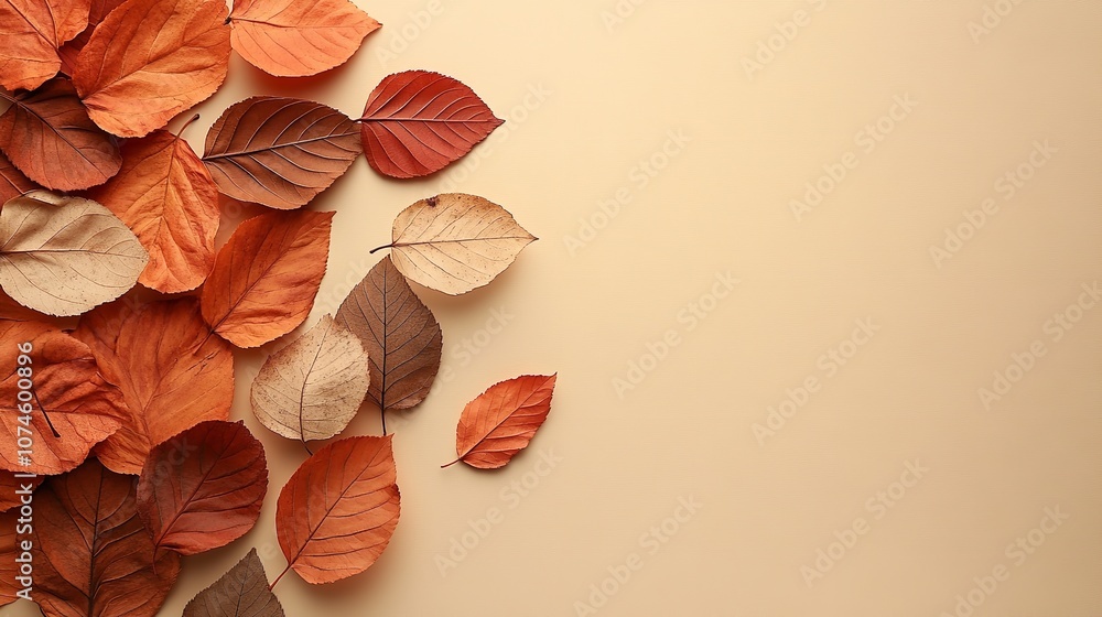 Fototapete autumn leaves falling on a solid beige and brown background, creating a minimalist design perfect fo