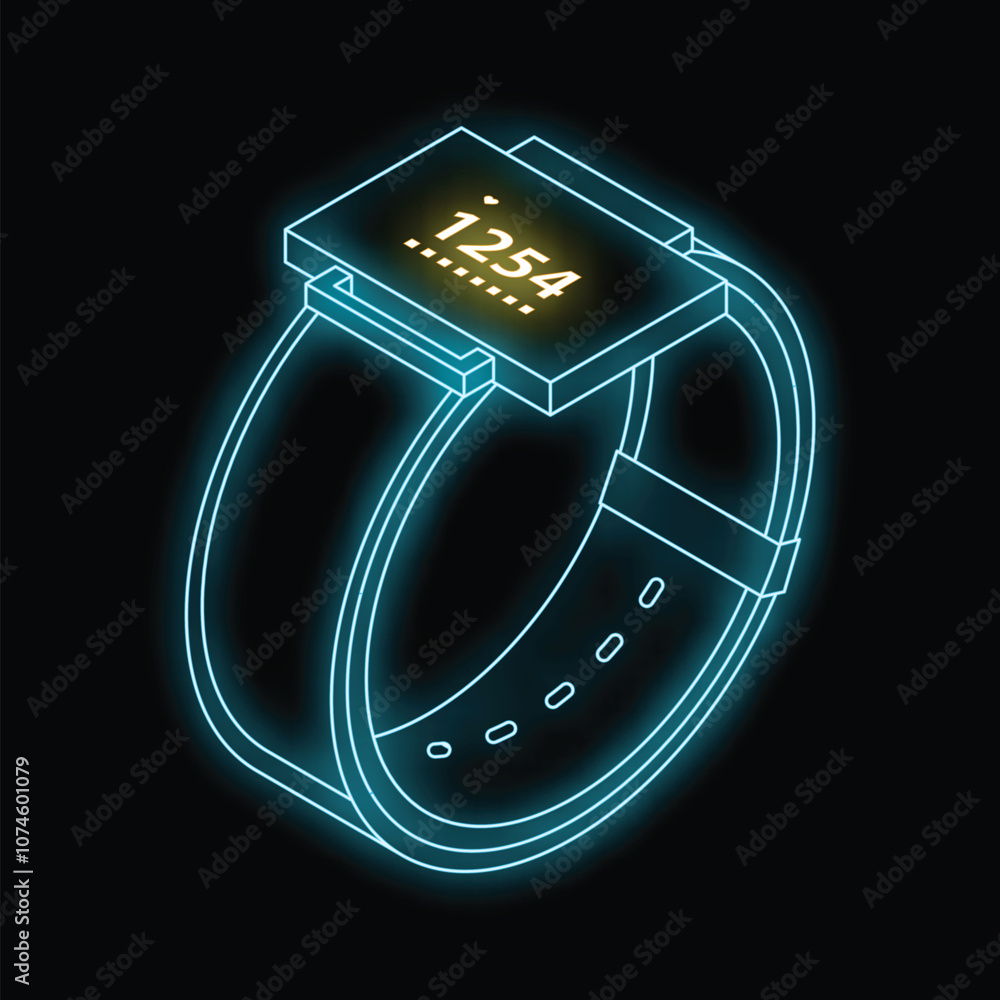 Poster neon outline of a smartwatch displaying the time on a black background