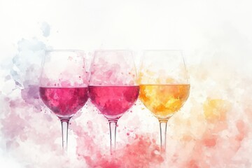 Colorful wine glasses with vibrant splashes, showcasing red, pink, yellow hues