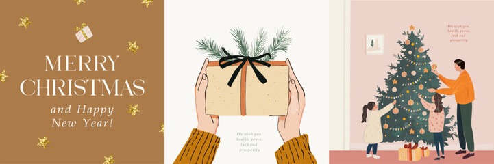 Merry Christmas and Happy New Year! 2025. Vector cute illustration of family, father and children decorating Christmas tree, hands holding gift for greeting card, poster or postcard