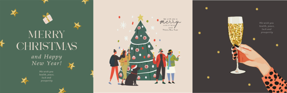 Merry Christmas and Happy New Year! 2025. Vector modern corporate illustration of stylish people with glasses of champagne near Christmas tree, hand for greeting card, invitation or postcard