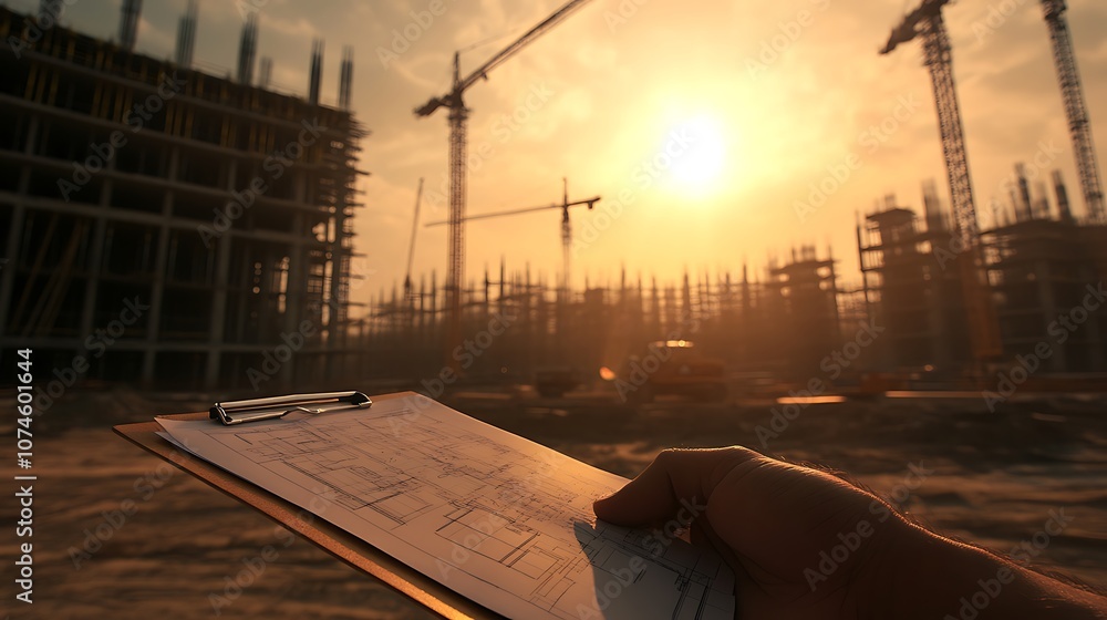 Poster a construction worker holds a clipboard in the foreground, with cranes and a building site illuminat