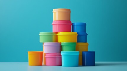 A stack of colorful plastic containers, including a few that are blue