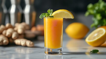 Fototapeta premium A wellness shot made with ginger and turmeric, served in a small glass with a slice of lemon.