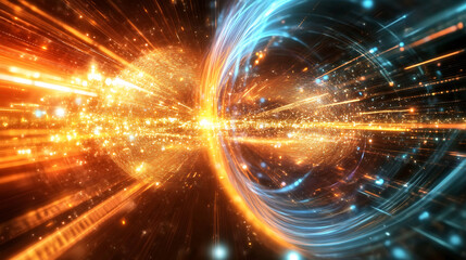 Fototapeta premium An abstract quantum computing scene with interconnected nodes, light trails, and a high-tech digital environment 