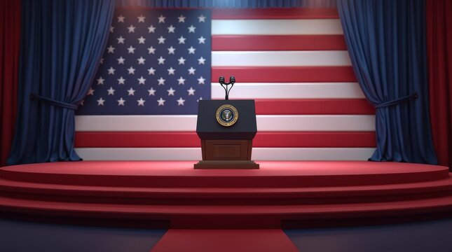 Presidential podium on stage with United States flag backdrop and blue curtains. Political speech setup with empty podium and microphones