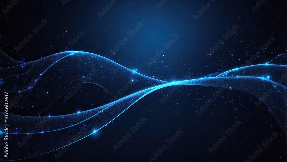 Poster on a background of dark blue space, this abstract banner web header features a blue laser line that 