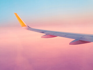 Surreal purple view from an airplane window, fantastic dream vacation flight, concept