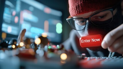 A hooded figure in glasses interacts with a glowing control panel, highlighting a red "Enter Now" button, embodying themes of hacking or cyberintrusion.