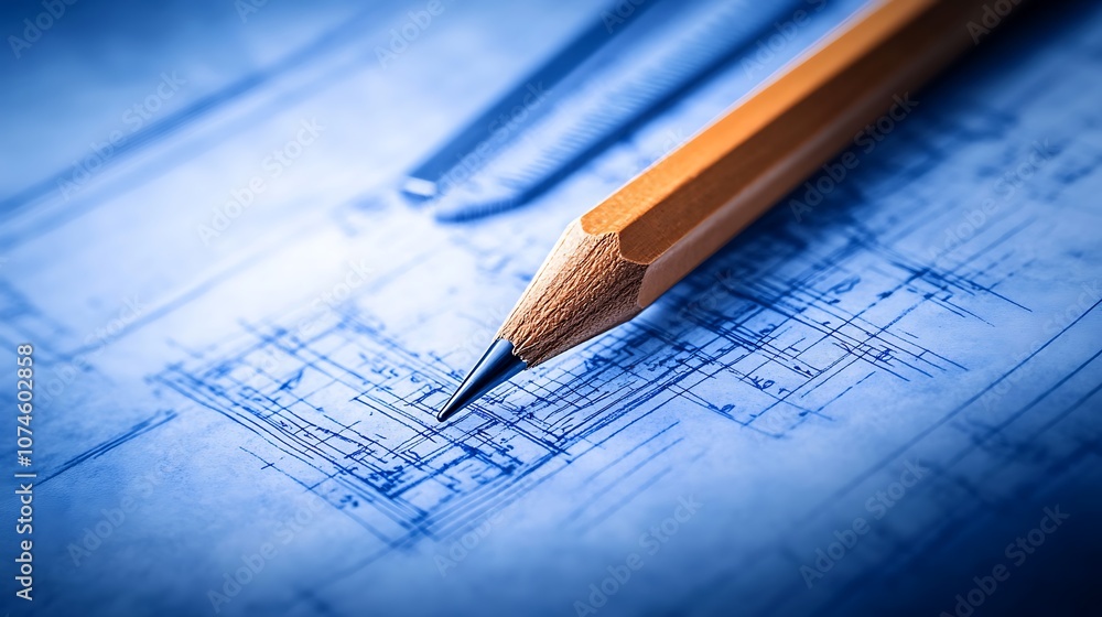Poster a close-up of a pencil resting on blueprints, highlighting the precision and creativity in architect