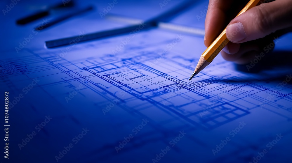 Poster a close-up of a hand holding a pen, sketching architectural blueprints on blue paper, showcasing pre