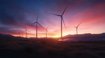 Obraz premium Wind Turbines and Solar Farms: A Sustainable Energy Landscape Merging Wind and Solar Power for a Greener Future
