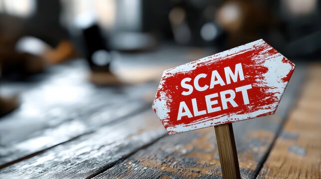 A red and white "Scam Alert" sign indicating caution, placed on a wooden surface, emphasizing the importance of vigilance against scams.