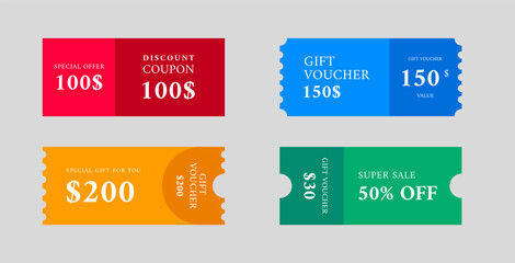 Set of discount coupon, gift voucher, ticket card. Coupon card design template with discount percent. Vector illustration