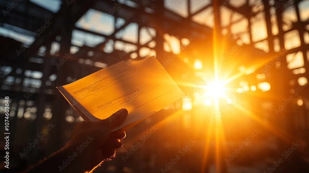 Poster A hand holds an open book against a backdrop of sunlight streaming through a rustic structure, creating a warm, inspiring atmosphere.