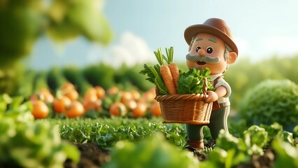 Adorable 3D illustration of a cheerful farmer holding a basket of fresh vegetables in a vibrant field. Perfect for themes on agriculture, sustainability, and organic farming.