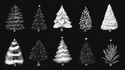 Fototapeta premium Collection of Hand-Drawn Line Art Christmas Trees: Doodle Style Vector Illustrations on Black