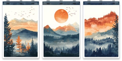 2025 Vertical Calendar Template with Travel Landscape Illustrations and Hiking Quotes in Muted Earth Tones, Designed for A3, A4, and A5 Formats, Featuring Monday Start Weeks.