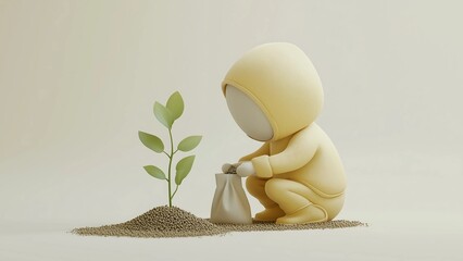 Minimalist 3D illustration of a character in a hoodie planting seeds in soil, representing themes of growth, sustainability, and environmental care. Ideal for eco-friendly concepts.