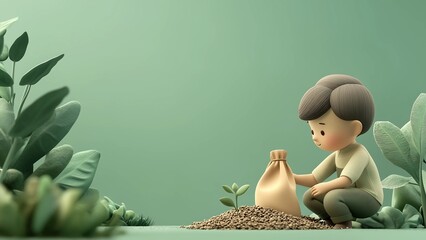 3D illustration of a young boy planting seeds in a garden setting, symbolizing growth, sustainability, and nurturing nature. Perfect for eco-friendly, education, and environmental themes.