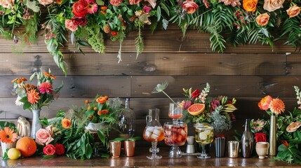 A table adorned with lush greenery and vibrant flowers is set for a zeroalcohol cocktail party complete with creative and delicious drink options.