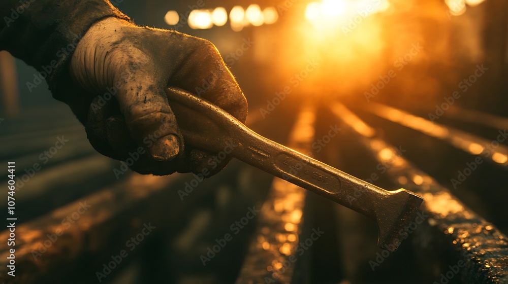 Poster a hand holds a wrench against a backdrop of shimmering light, evoking themes of craftsmanship and in
