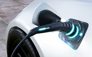 Electric battery car charge at EV station. Electric car charger, new technology, replaces internal combustion engines with oil. Future technology, clean energy. 3d rendering