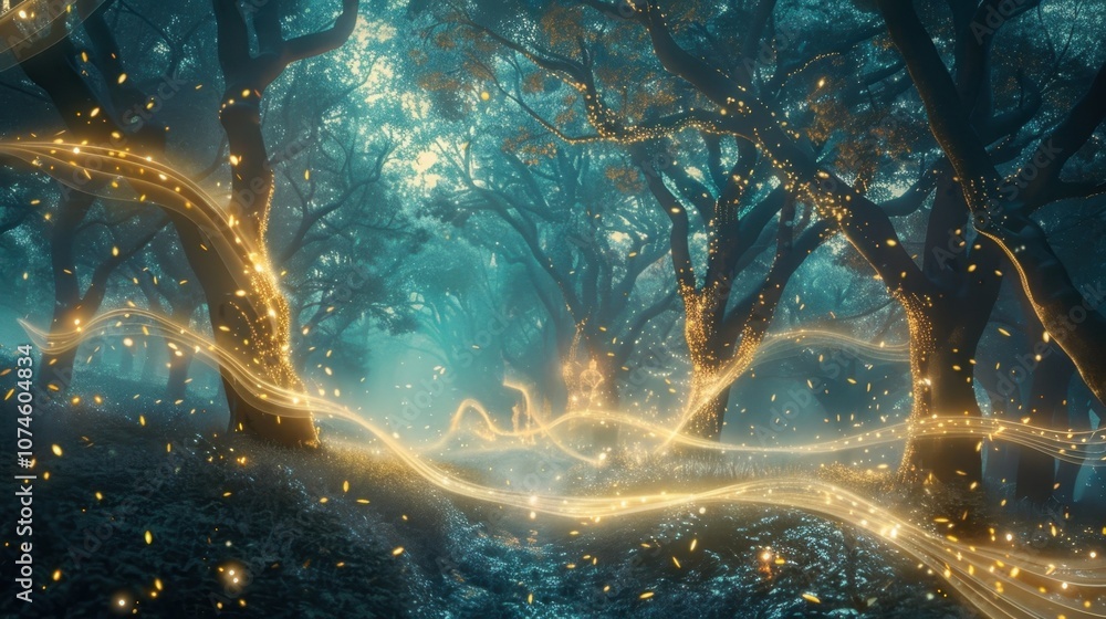 Poster dancing tendrils of mist creating an otherworldly aura in a forest of luminescent trees.