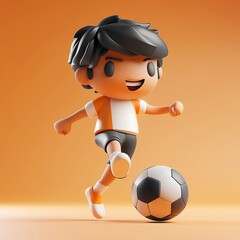 3D illustration of a joyful boy playing soccer, kicking a black-and-white ball with enthusiasm on an orange background. Ideal for sports, youth activities, and fun themes.