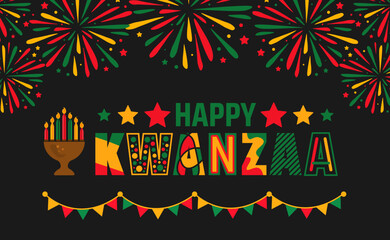 Happy Kwanzaa fireworks celebration background, poster or banner design template. annual celebration of African American culture from December 26 to January 1. Holiday concept.