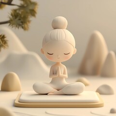 Minimalist 3D illustration of a young girl meditating in a serene environment. Character in a peaceful pose with closed eyes, symbolizing calm and mindfulness, ideal for wellness themes.