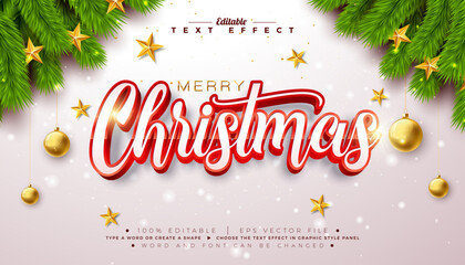 Merry Christmas 3D Text Effect Design. Editable and Scalable Vector Graphic Style Effect with Red Framed Typography Lettering and Ornaments on Red Background. Winter Holiday Illustration Template for