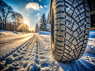 Close-Up of Winter Tire Treads on Snowy Road - High-Quality Product Photography for Automotive and Winter Safety