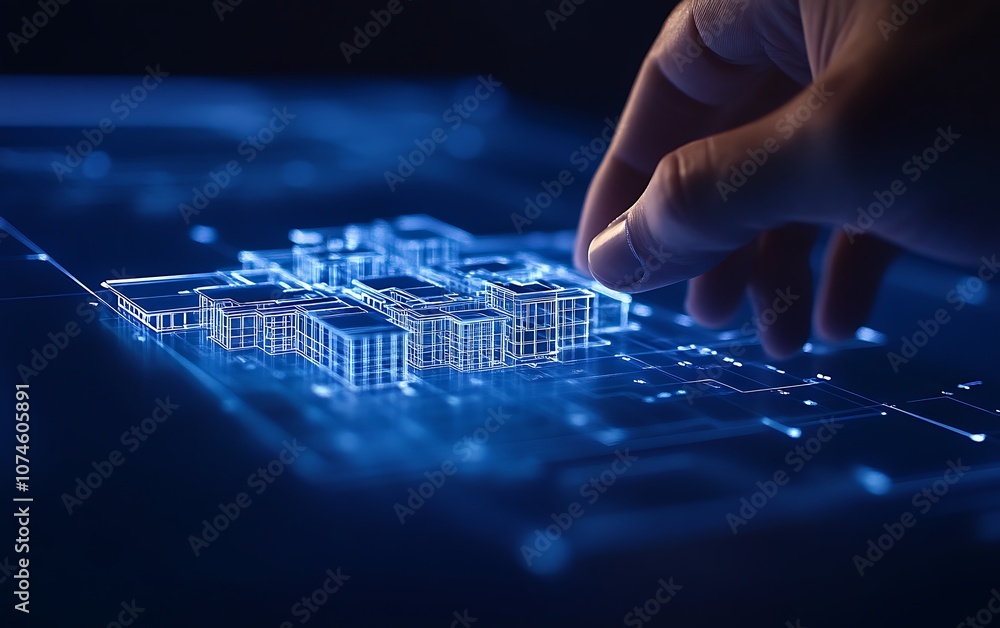 Poster a hand interacts with a glowing digital city model displayed on a screen, emphasizing technology and