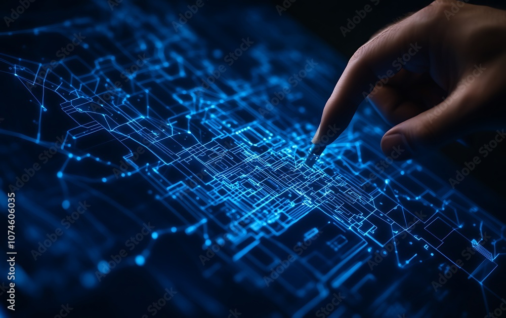 Poster A hand interacts with a glowing digital map of interconnected data points, emphasizing technology and data visualization.